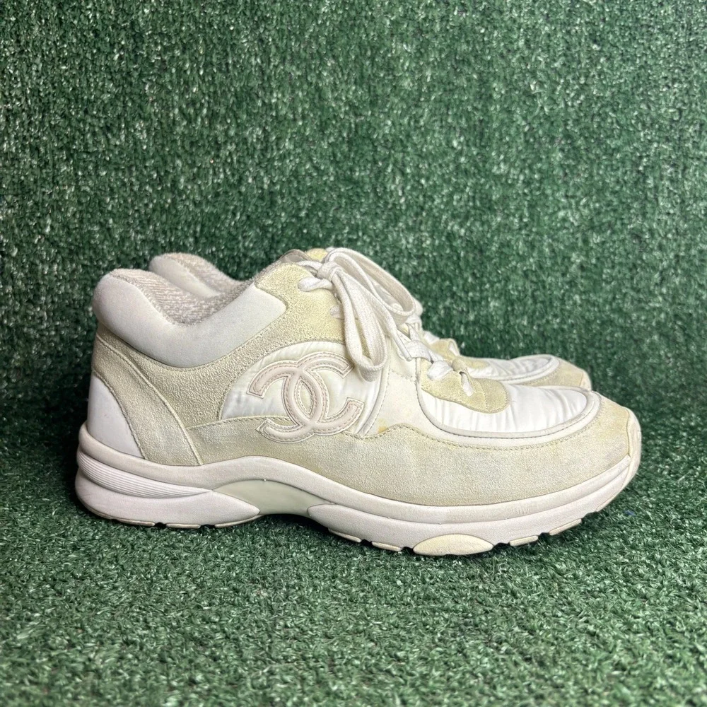 Chanel CC Logo Low Top Suede Nylon Chunky Dad Lifestyle Sneakers White Women 9.5